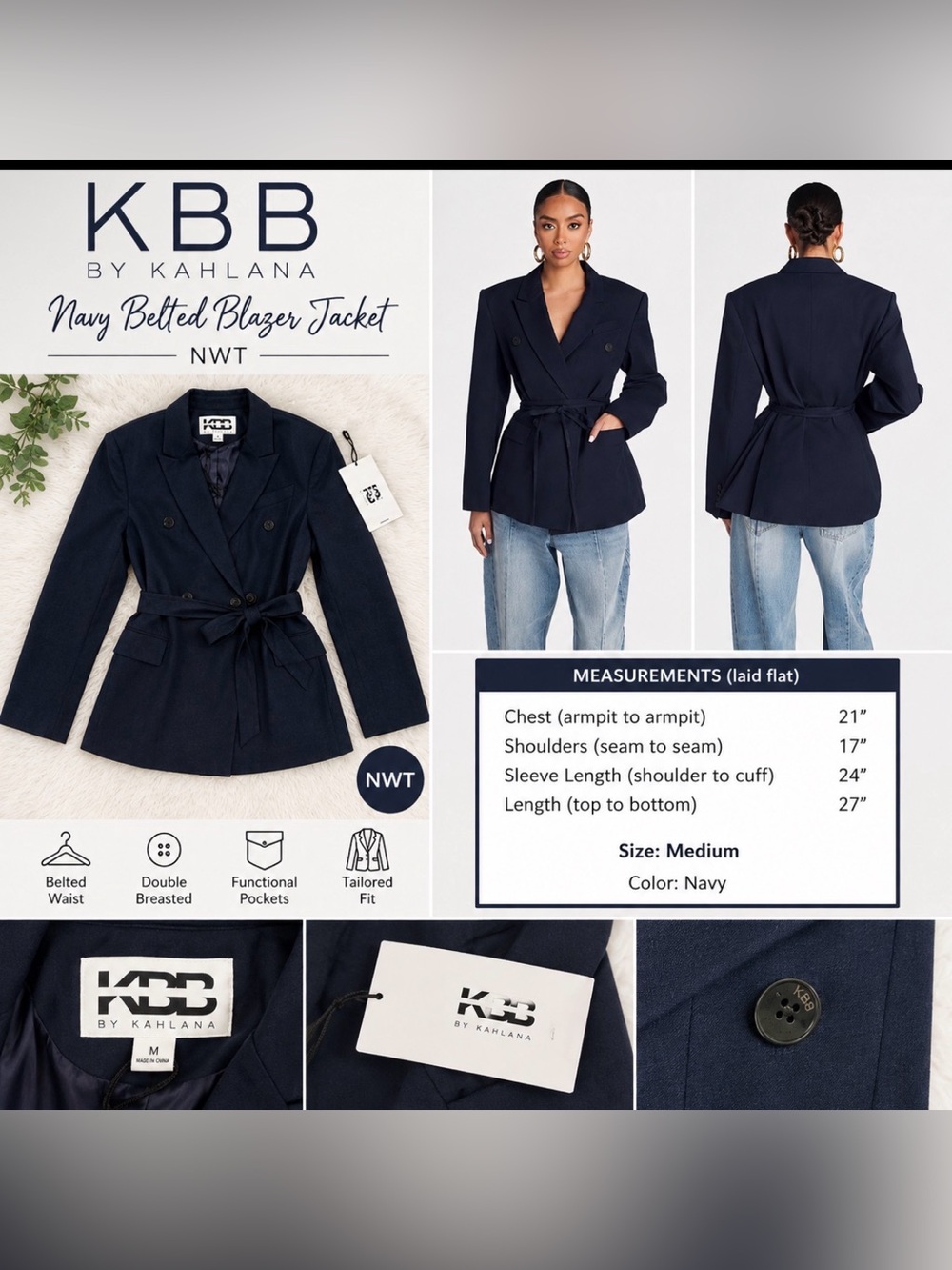 KBB by Kahlana Navy Belted Blazer Jacket – NWT – Size Medium MSRP $70